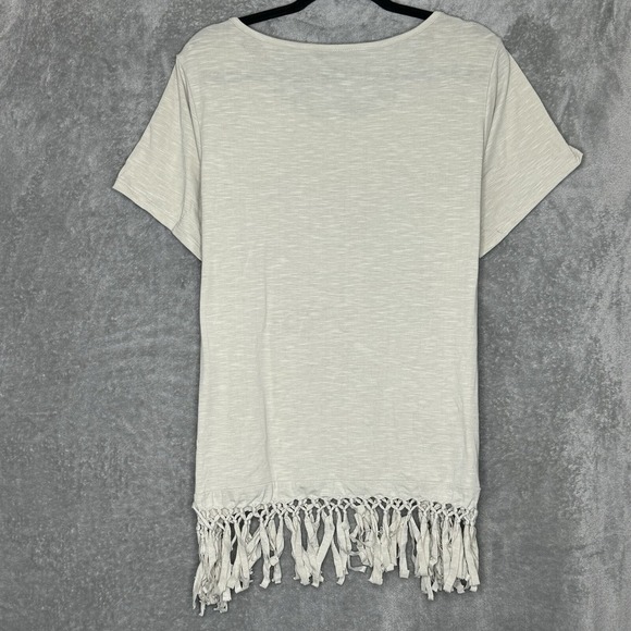 Style & Co 1X Top Shirt Beige Beach Graphic Short Sleeve Scoop Neck Fringe Knit - Picture 6 of 8